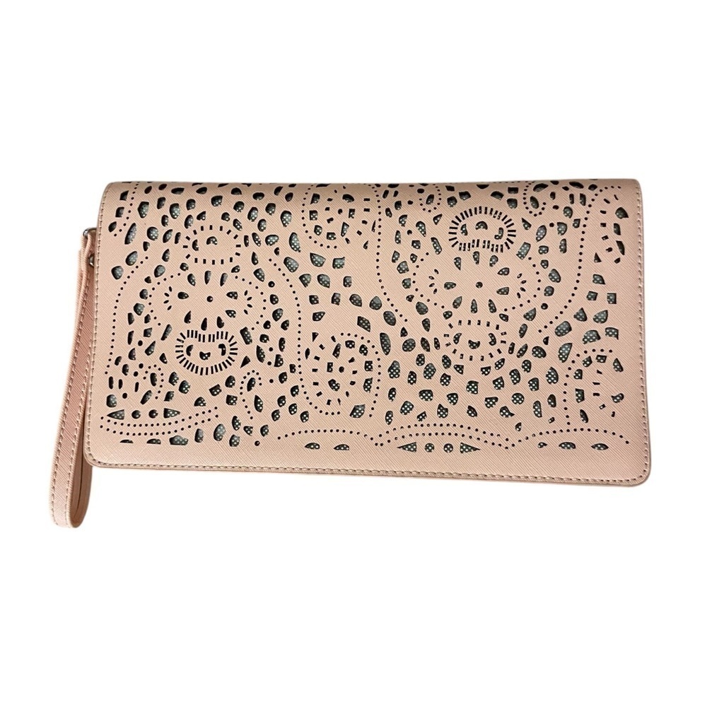 Blush Pink Silver Metallic Laser Cut Lace Clutch Crossbody Evening Purse